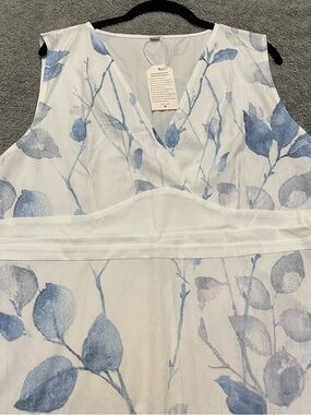 White Sleeveless V-Neck Dress with Blue Floral Print